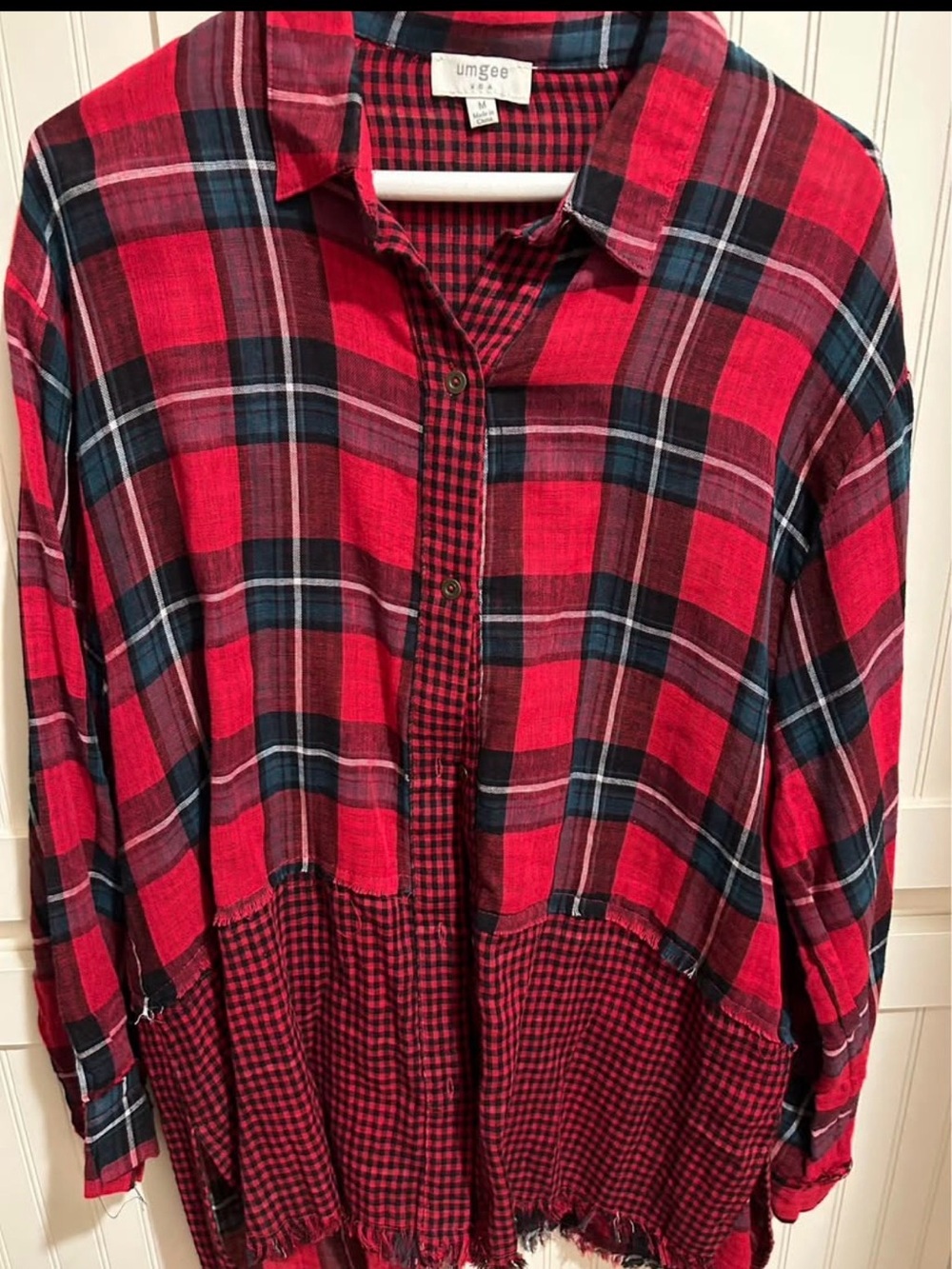Umgee Red Black Plaid Mixed-Panel Button Down Shirt